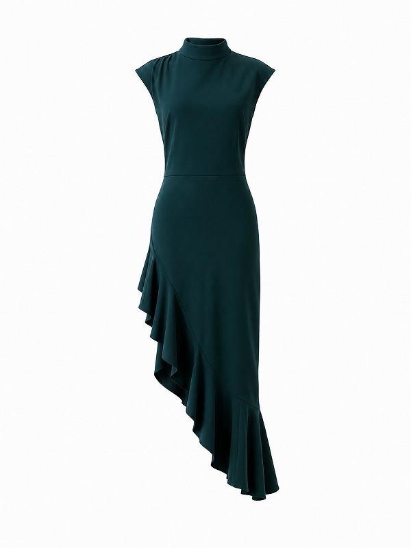 【新品DRESS 4819】アシンメトリーフリルワンカラーフィッシュテールロングドレス グリーン【GHOSPELL】